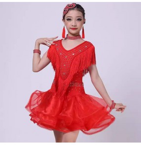 Girls kids orange green black red fringe competition latin dance dresses salsa rumba chacha modern dance ballroom dance costumes for kids